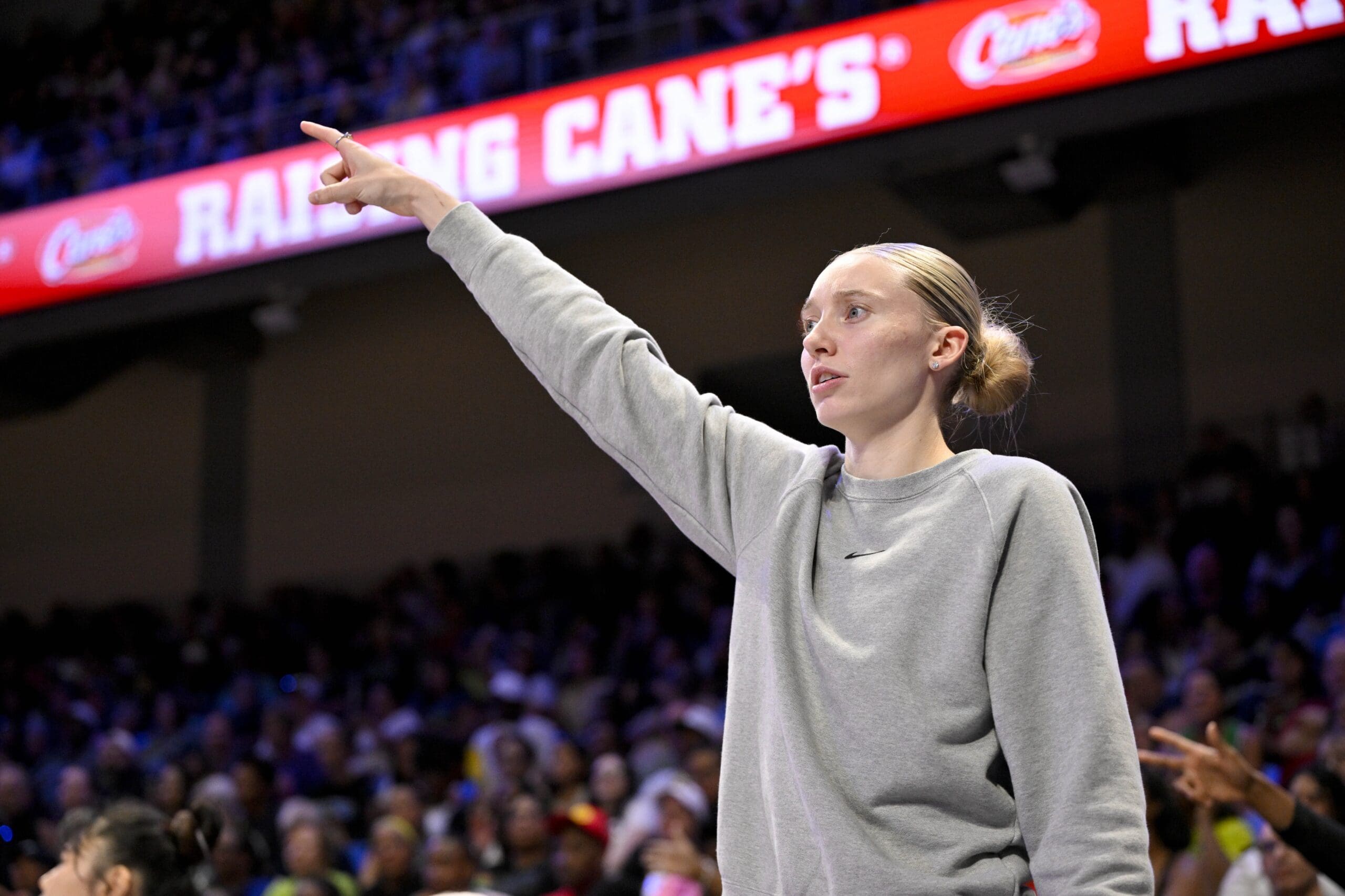 Jun 28, 2025; Arlington, Texas, USA; Dallas Wings guard Paige Bueckers (5) points to the screen during the first half against the Washington Mystics at College Park Center. Mandatory Credit: Jerome Miron-Imagn Images