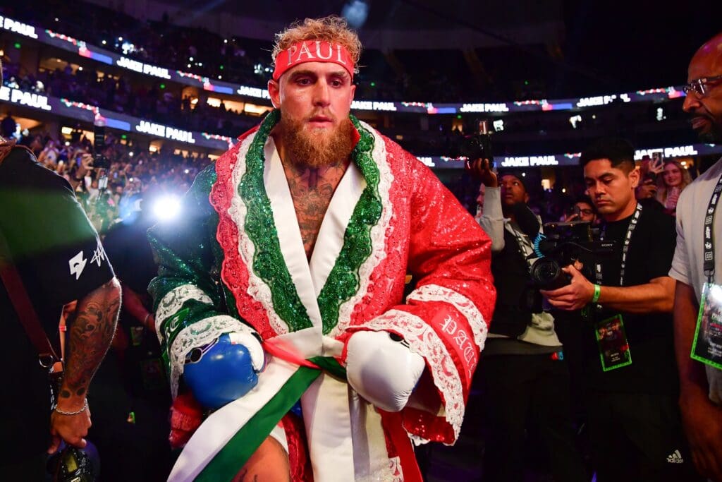 Jun 28, 2025; Anaheim, California, USA; Jake Paul arrives to the ring to fight Julio Cesar Chavez Jr. at Honda Center. Mandatory Credit: Gary A. Vasquez-Imagn Images