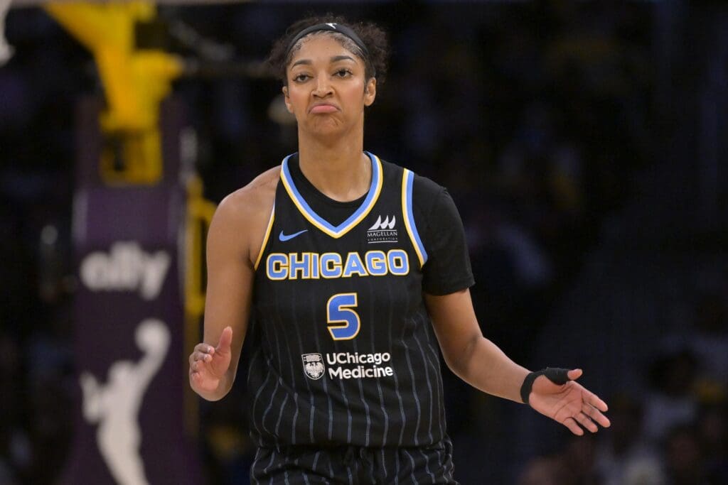 Jun 29, 2025; Los Angeles, California, USA; Chicago Sky forward Angel Reese (5) reacts after a basket in the second half against the Los Angeles Sparks at Crypto.com Arena. Mandatory Credit: Jayne Kamin-Oncea-Imagn Images