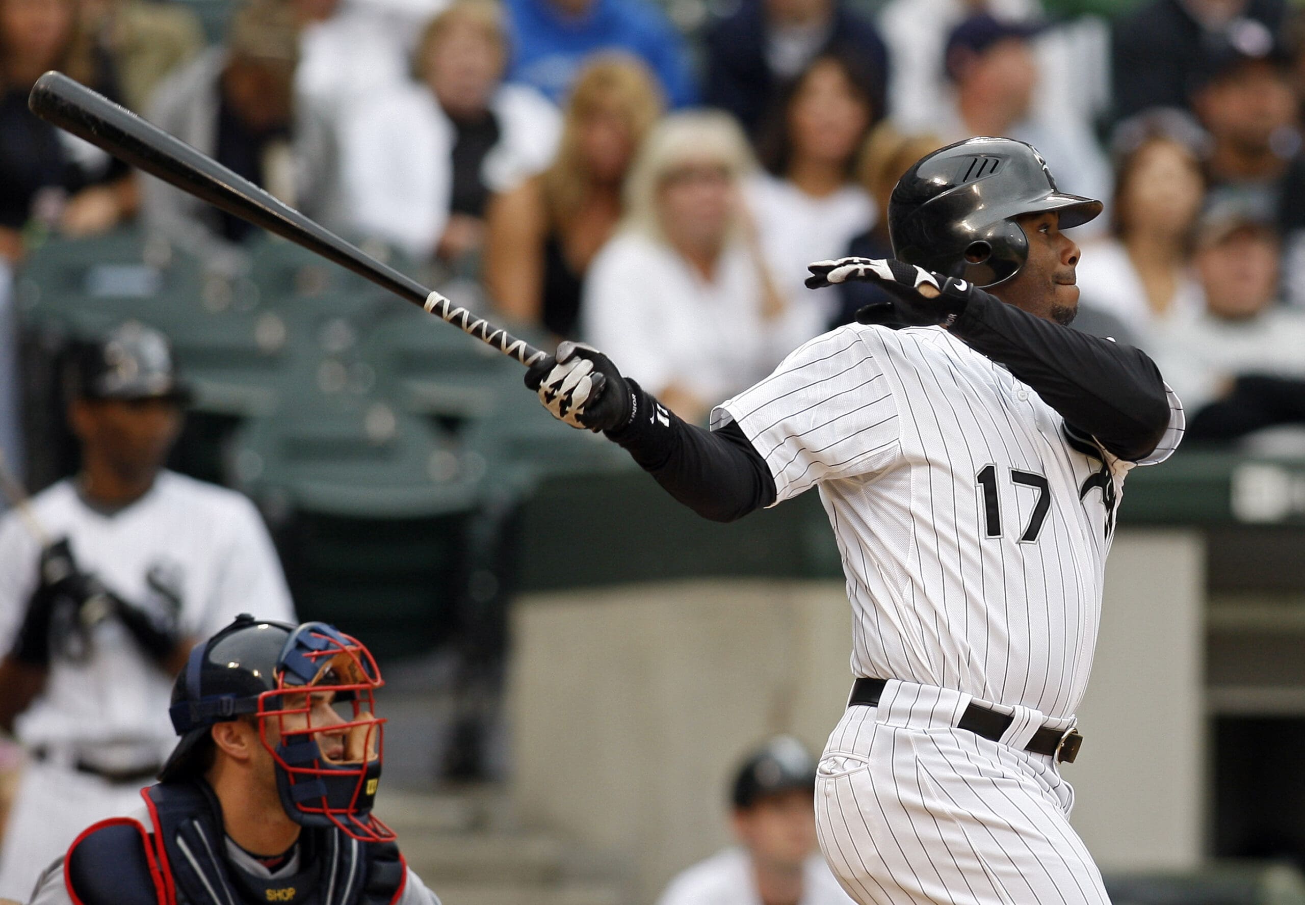 Sep 28, 2008; Chicago, IL, USA; Chicago White Sox right fielder Ken Griffey Jr. (17) hits a double during the second inning against the Cleveland Indians at US Cellular Field. Mandatory Credit: Jerry Lai-USA TODAY Sports