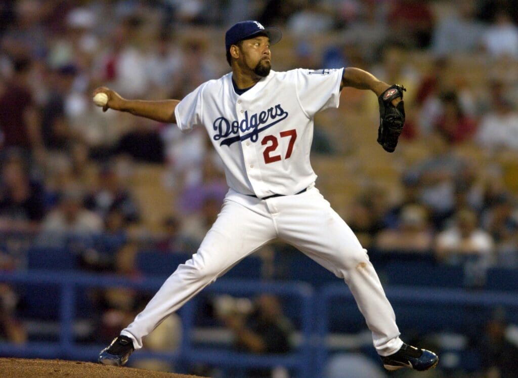 Aug 20; 2004; Los Angeles, CA, USA; Los Angeles Dodger starter Jose Lima (27) pitched eight innings and allowed one earned run on seven hits while strikeing out six without a walk during 3-2 11-inning victory over the Atlanta Braves at Dodger Stadium. Mandatory Credit: Kirby Lee/Image of Sport-USA TODAY Sports