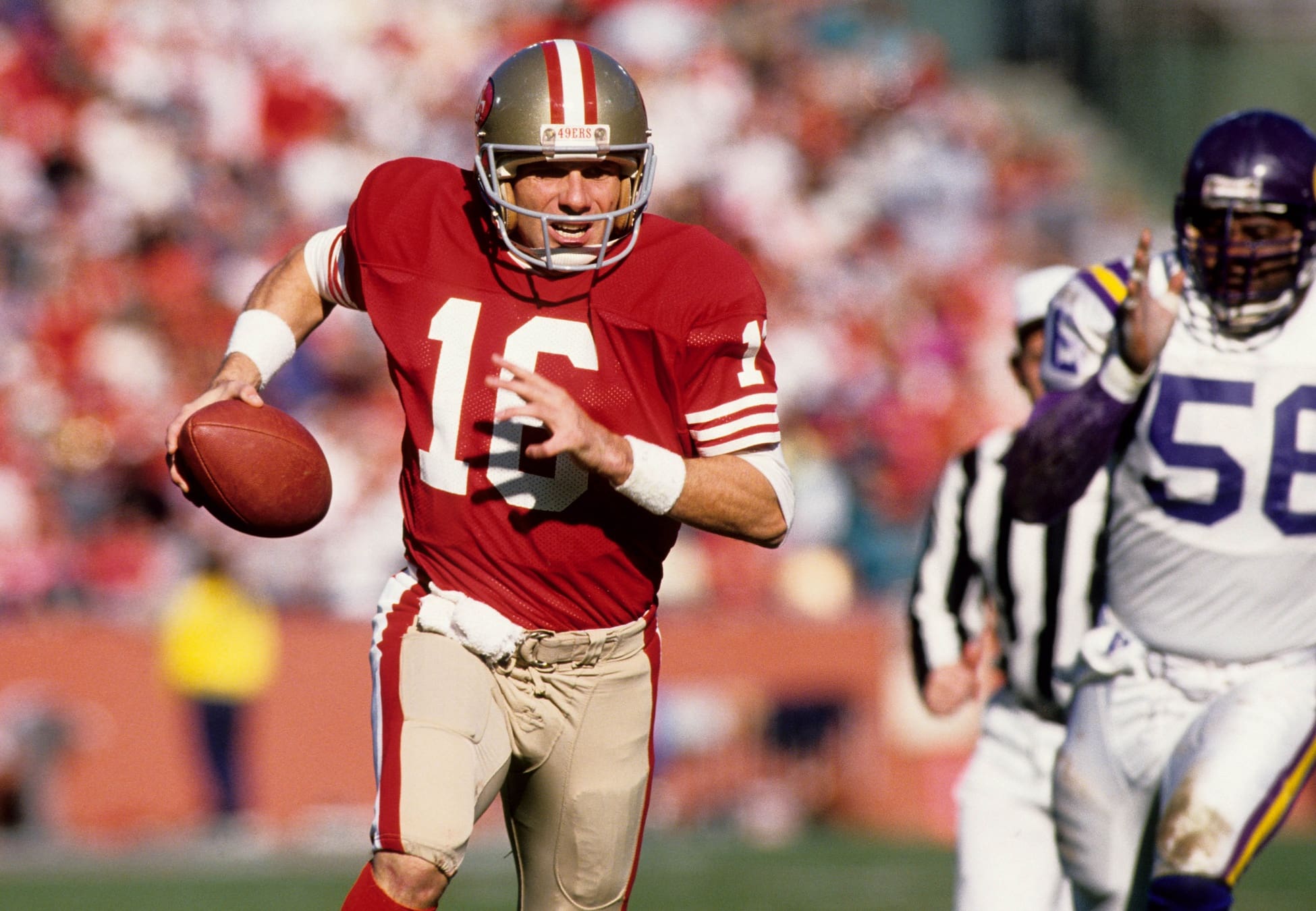 Jan 1, 1989; San Francisco, CA, USA; FILE PHOTO; San Francisco 49ers quarterback Joe Montana (16) is chased by Minnesota Vikings defensive end Chris Doleman (56) during the 1988 NFC Divisional Playoff game at Candlestick Park. The 49ers defeated the Vikings 34-9. Mandatory Credit: MPS-USA TODAY Sports