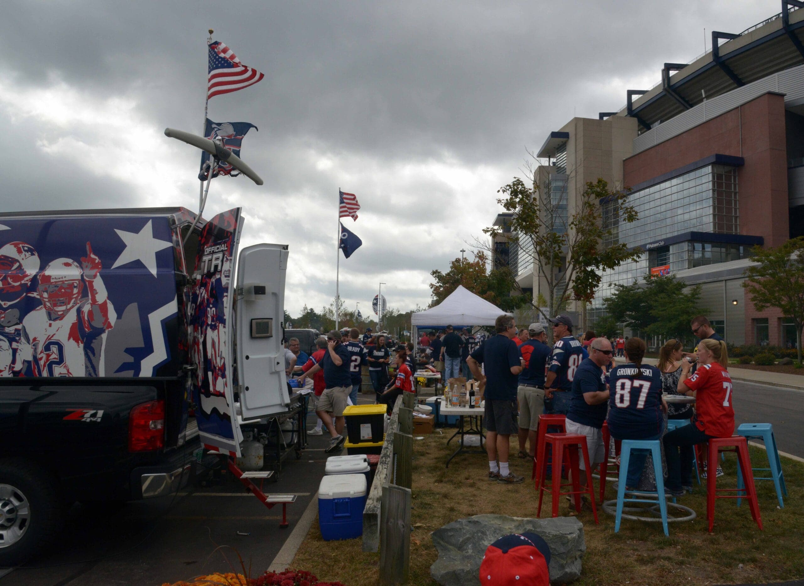 Sep 21, 2014; Foxborough, MA, USA; New England Patriots fans tailgate before the game against the Oakland Raiders at Gillette Stadium. Mandatory Credit: Kirby Lee-USA TODAY Sports