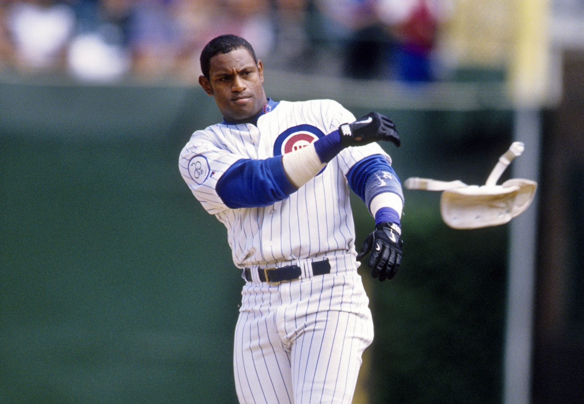 1998, Chicago, IL, USA; FILE PHOTO; Chicago Cubs right fielder Sammy Sosa reacts after a play against the St Louis Cardinals at Wrigley Field during the 1998 season. Mandatory Credit: RVR Photos-USA TODAY Sports