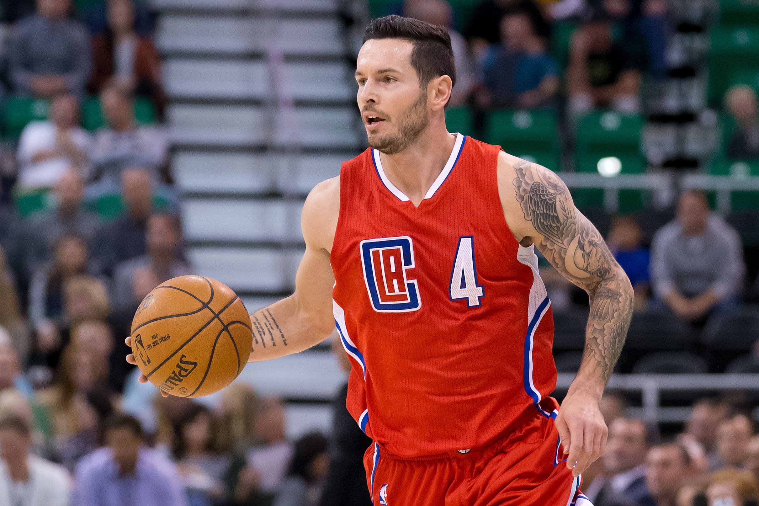 Oct 17, 2016; Salt Lake City, UT, USA; Los Angeles Clippers guard JJ Redick (4) dribbles up the court during the first half against the Utah Jazz at Vivint Smart Home Arena. The Jazz won 104-78. Mandatory Credit: Russ Isabella-USA TODAY Sports
