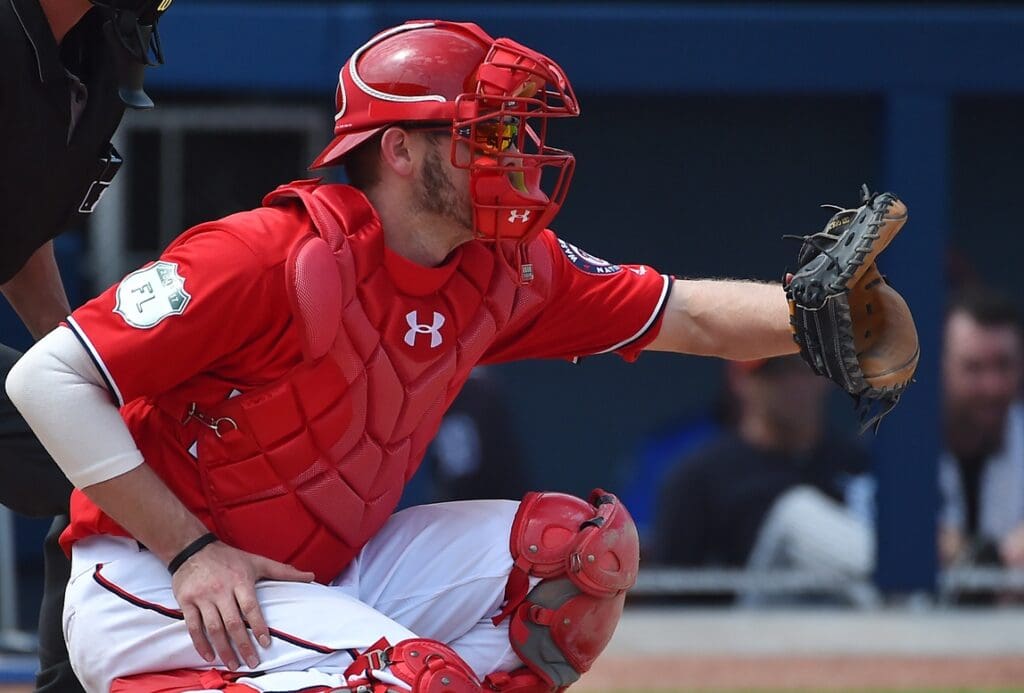 Mar 13, 2017; West Palm Beach, FL, USA; Washington Nationals catcher Matt Wieters (32) catches against the Detroit Tigers during a spring training game at The Ballpark of the Palm Beaches. Mandatory Credit: Jasen Vinlove-USA TODAY Sports
