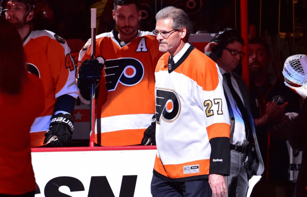 Oct 27, 2016; Philadelphia, PA, USA; Philadelphia Flyers general manager Ron Hextall walks onto the ice for ceremony before game against Arizona Coyotes at Wells Fargo Center. Mandatory Credit: Eric Hartline-Imagn Images