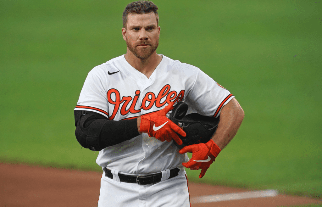 Jul 9, 2020; Baltimore, Maryland, United States; Baltimore Orioles first baseman Chris Davis (19) returns to the dugout during a practice game at Oriole Park at Camden Yards. Mandatory Credit: Mitch Stringer-Imagn Images