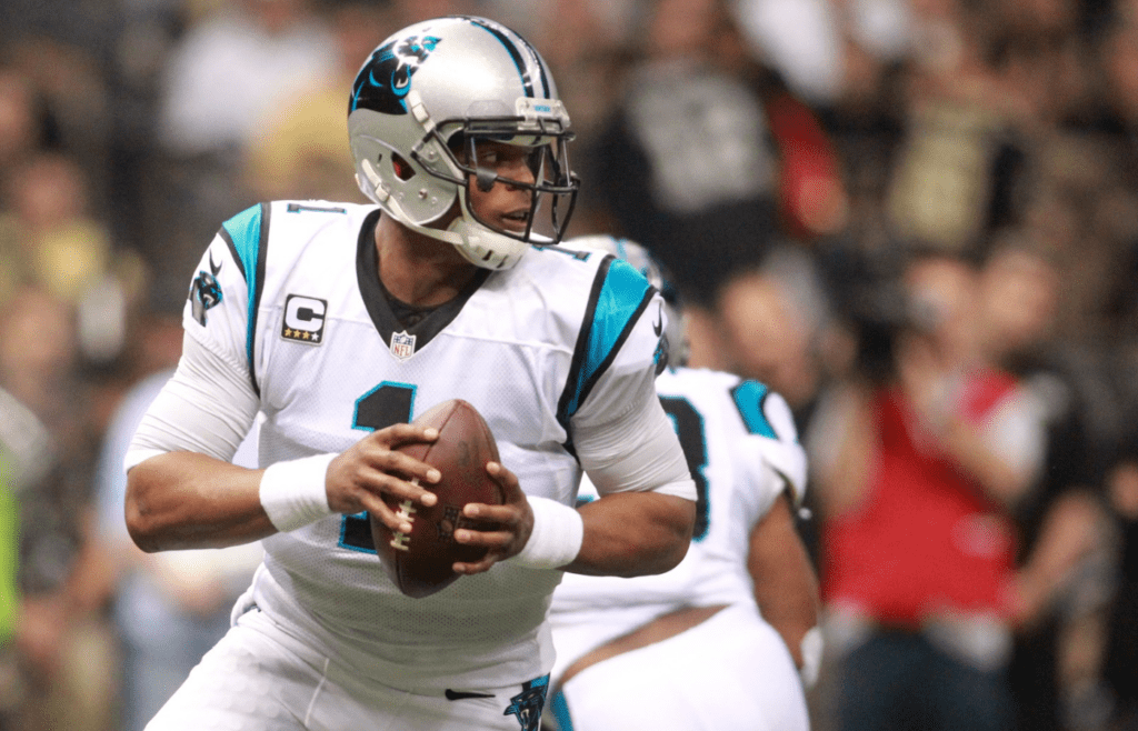 Dec 6, 2015; New Orleans, LA, USA; Carolina Panthers quarterback Cam Newton (1) looks to pass the ball against the New Orleans Saints in the first half at the Mercedes-Benz Superdome. Mandatory Credit: Crystal LoGiudice-Imagn Images