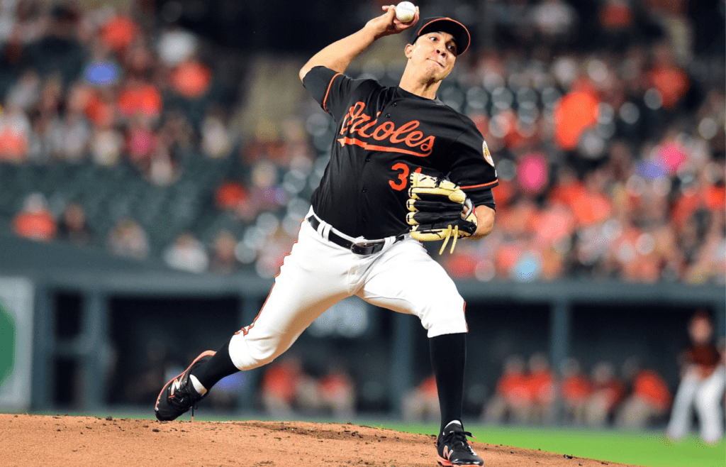 Sep 22, 2017; Baltimore, MD, USA; Baltimore Orioles pitcher Ubaldo Jimenez (31) throws a pitch in the second inning against the Tampa Bay Rays at Oriole Park at Camden Yards. Mandatory Credit: Evan Habeeb-Imagn Images