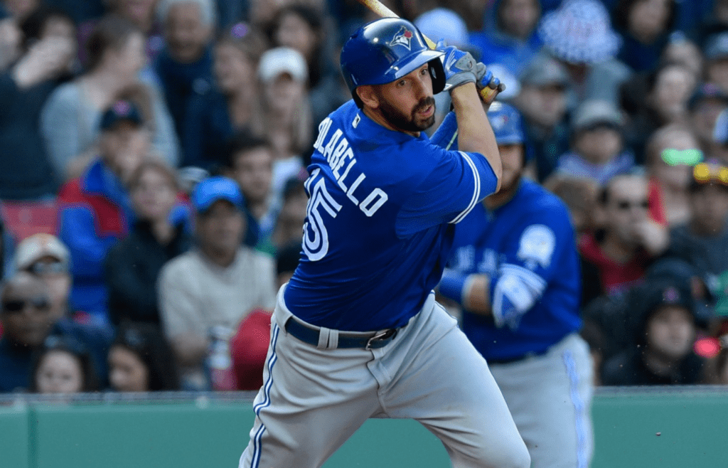 Apr 17, 2016; Boston, MA, USA; Toronto Blue Jays first baseman Chris Colabello (15) bats during the eighth inning against the Boston Red Sox at Fenway Park. Mandatory Credit: Bob DeChiara-Imagn Images