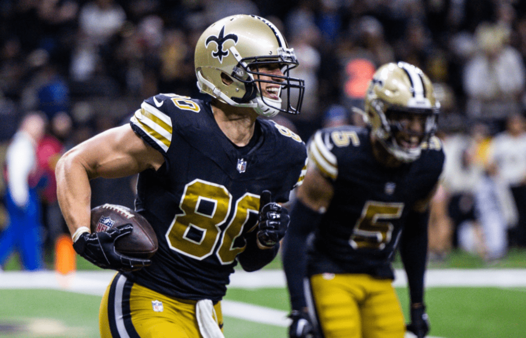 Dec 10, 2023; New Orleans, Louisiana, USA; New Orleans Saints tight end Jimmy Graham (80) smiles after making a touchdown against the Carolina Panthers during the second half at the Caesars Superdome. Mandatory Credit: Stephen Lew-Imagn Images