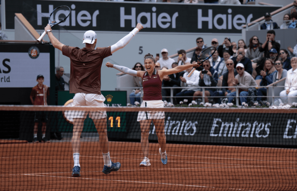 Jun 5, 2025; Paris, FR; Sara Errani of Italy and Andrea Vavassori of Italy win the mixed doubles final against Taylor Townsend of the United States and Evan King of the United States on day 12 at Roland Garros Stadium. Mandatory Credit: Susan Mullane-Imagn Images