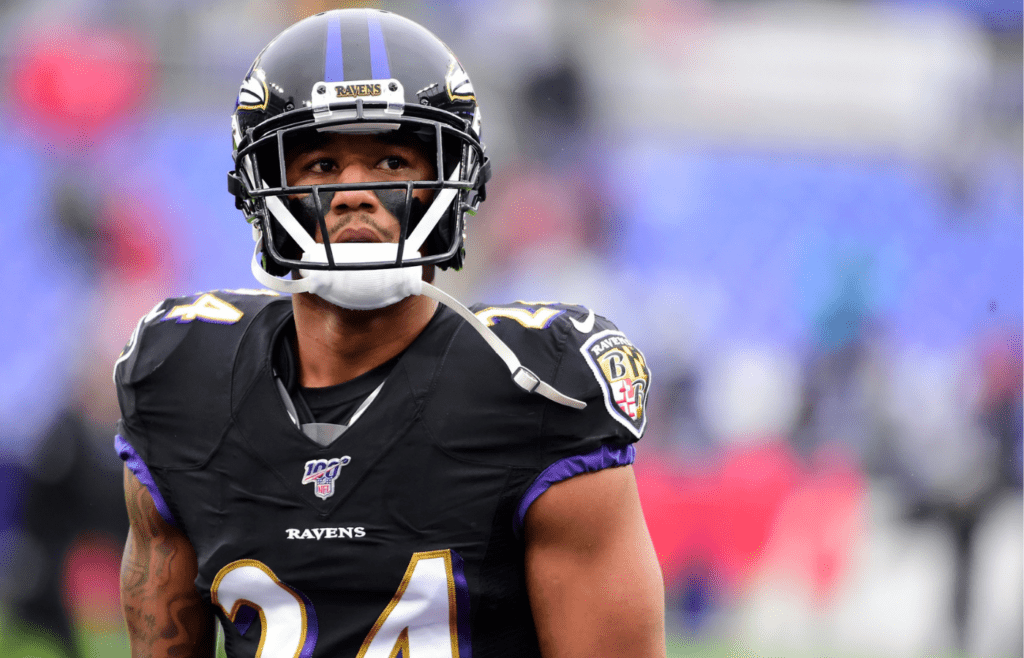 Dec 1, 2019; Baltimore, MD, USA; Baltimore Ravens cornerback Marcus Peters (24) looks on prior to the game against the San Francisco 49ers at M&T Bank Stadium. Mandatory Credit: Evan Habeeb-Imagn Images