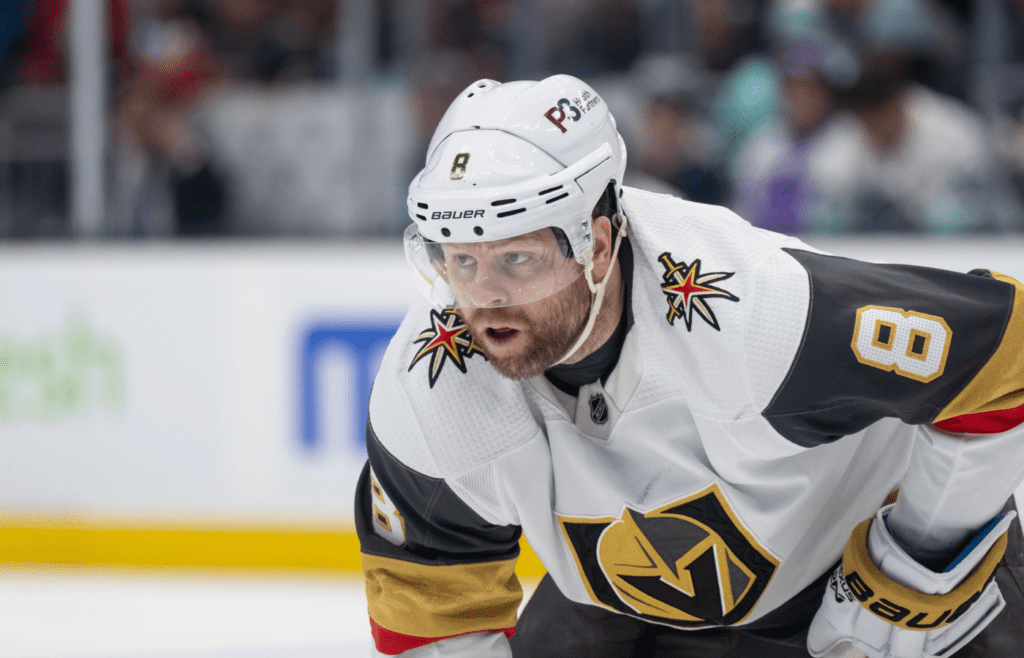 Apr 13, 2023; Seattle, Washington, USA; Las Vegas Knights forward Phil Kessel (8) is pictured during a game against the Seattle Kraken at Climate Pledge Arena. Mandatory Credit: Stephen Brashear-Imagn Images