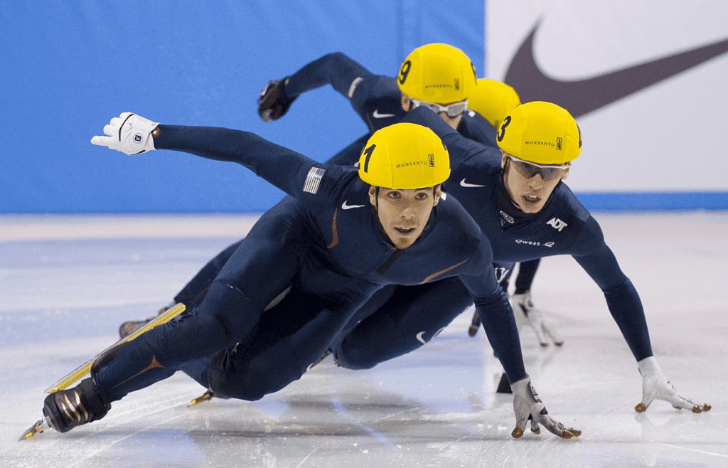 Dec 20, 2008; St. Louis, MO, USA; Apolo Ohno leads during the second start of the Short Track Speed Skating 500mm finals at the Hardee's Ice Plex in St. Louis, MO. Mandatory Credit: Scott Rovak-Imagn Images