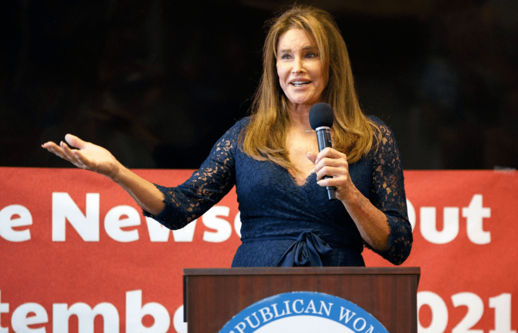 Gubernatorial recall candidate and celebrity Caitlyn Jenner speaks at the East Valley Republican Women Federated headquarters in La Quinta, Calif., on August 16, 2021. Gubernatorial Recall Candidate Caitlyn Jenner 1241