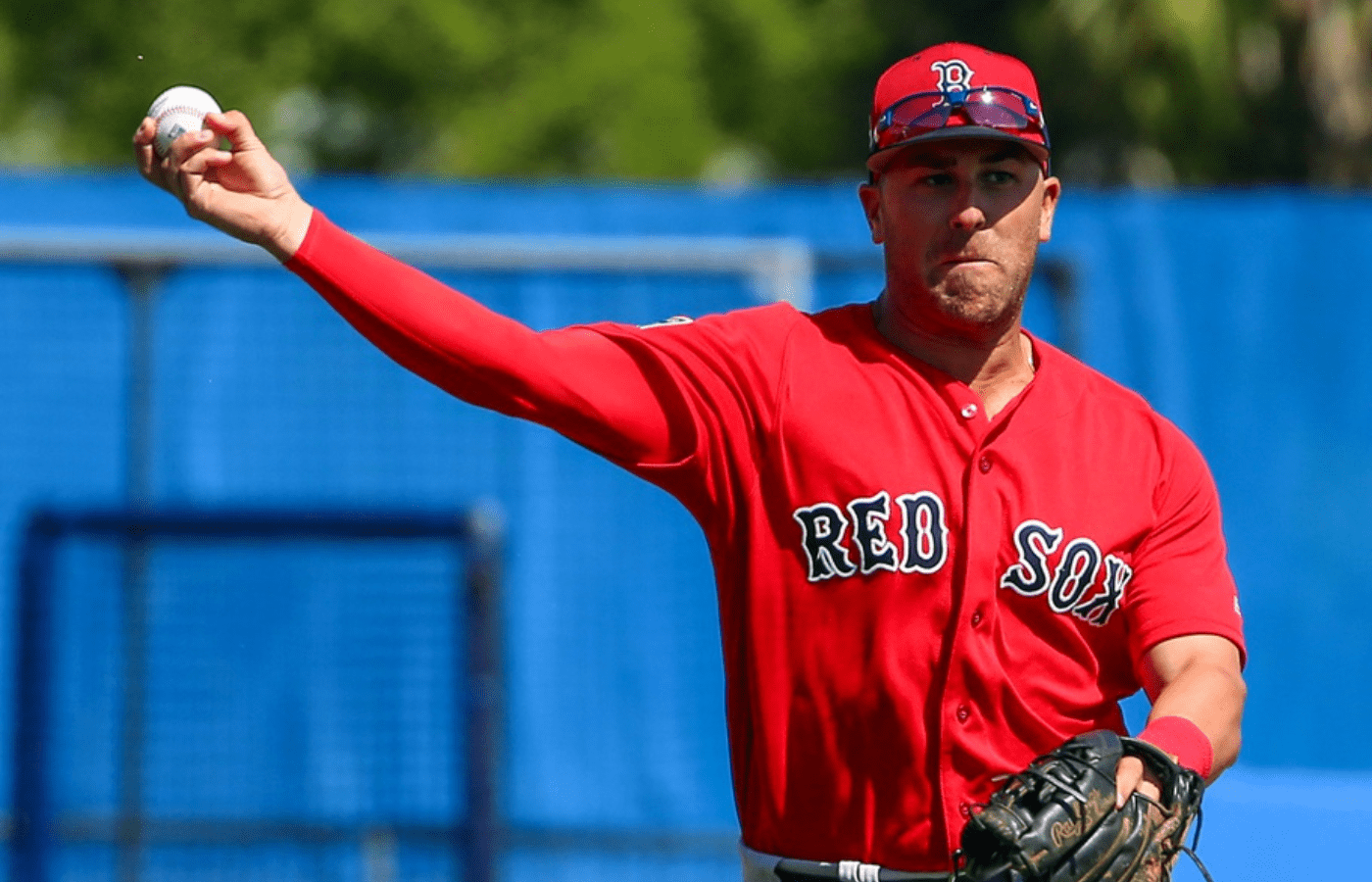 Mar 12, 2018; Dunedin, FL, USA; Boston Red Sox third baseman Mike Olt throws to first during the sixth inning of a spring training baseball game against the Toronto Blue Jays at Dunedin Stadium. Mandatory Credit: Butch Dill-Imagn Images