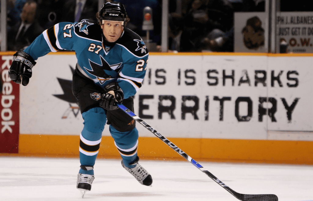 Nov. 11, 2008; San Jose, CA, USA; San Jose Sharks center Jeremy Roenick (27) during the first period against the Nashville Predators at HP Pavilion in San Jose, CA. The Predators defeated the Sharks 4-3 in overtime. Mandatory Credit: Kyle Terada-Imagn Images