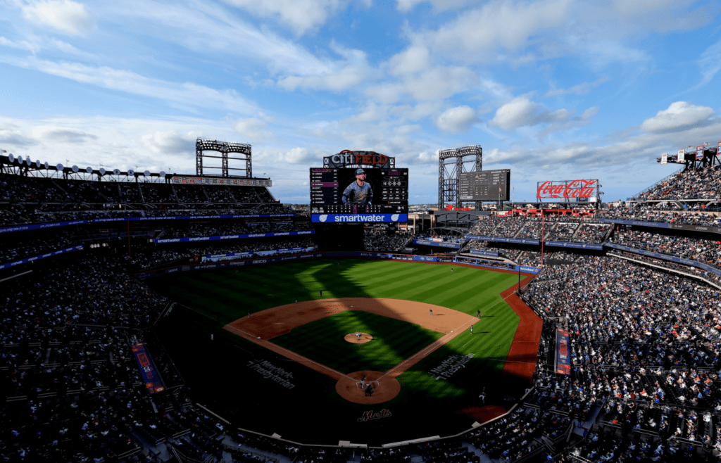 May 31, 2025; New York City, New York, USA; General view of Citi Field as Colorado Rockies relief pitcher Victor Vodnik (38) pitches to New York Mets first baseman Pete Alonso (20) during the seventh inning. Mandatory Credit: Brad Penner-Imagn Images