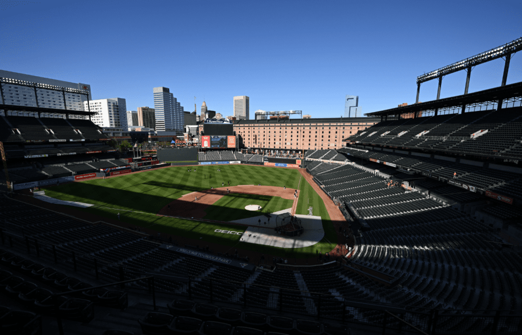 Apr 17, 2025; Baltimore, Maryland, USA; A general view of the field before the game between the Baltimore Orioles and the Cleveland Guardians at Oriole Park at Camden Yards. Mandatory Credit: James A. Pittman-Imagn Images