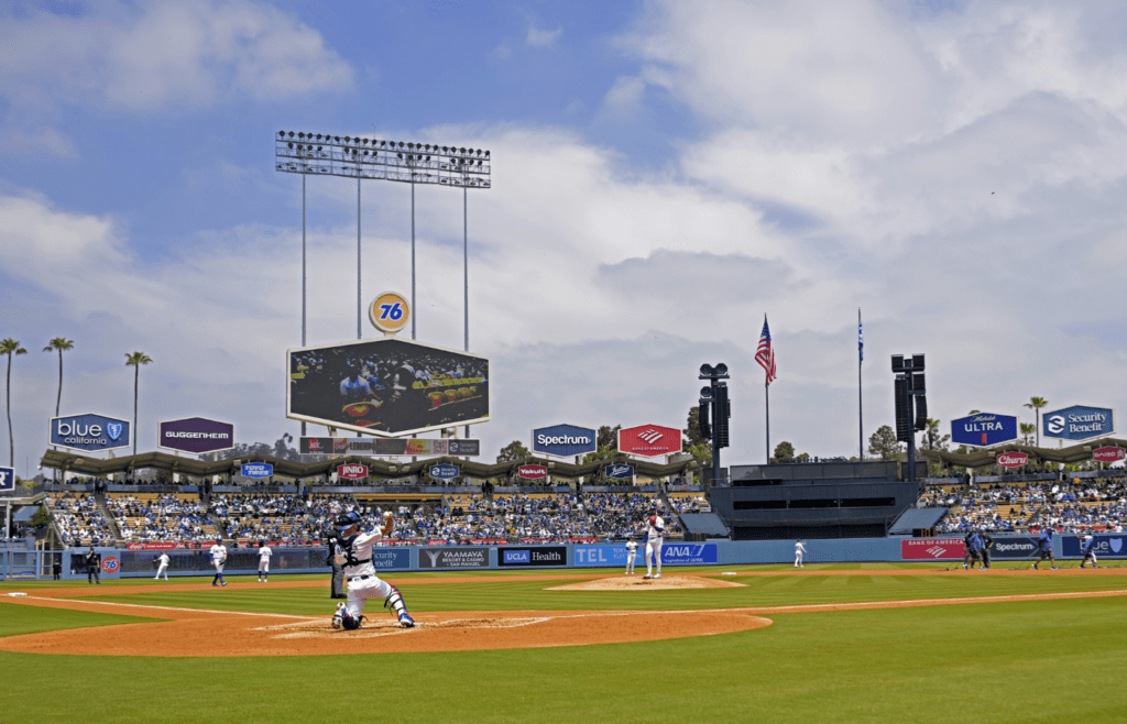 Apr 30, 2025; Los Angeles, California, USA; General view of the field during the game between the Los Angeles Dodgers and the Miami Marlins at Dodger Stadium. Mandatory Credit: Jayne Kamin-Oncea-Imagn Images