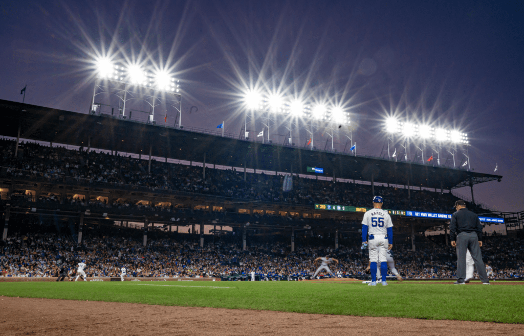 Aug 21, 2024; Chicago, Illinois, USA; A general view during the third inning in a game between the Chicago Cubs and the Detroit Tigers at Wrigley Field. Mandatory Credit: Patrick Gorski-Imagn Images