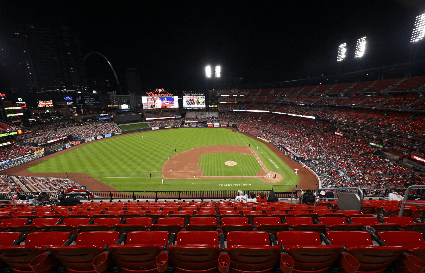 Apr 1, 2025; St. Louis, Missouri, USA; A general view of Busch Stadium during the sixth inning of a game between the St. Louis Cardinals and the Los Angeles Angels. Mandatory Credit: Jeff Curry-Imagn Images