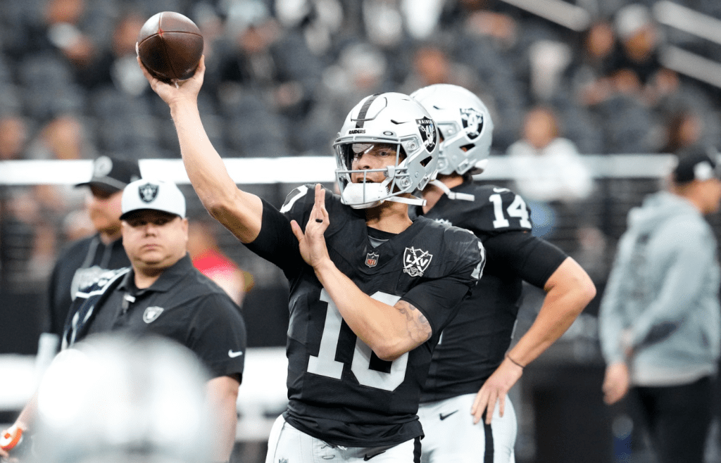 Dec 22, 2024; Paradise, Nevada, USA; Las Vegas Raiders quarterback Desmond Ridder (10) warms up before a game against the Jacksonville Jaguars at Allegiant Stadium. Mandatory Credit: Stephen R. Sylvanie-Imagn Images