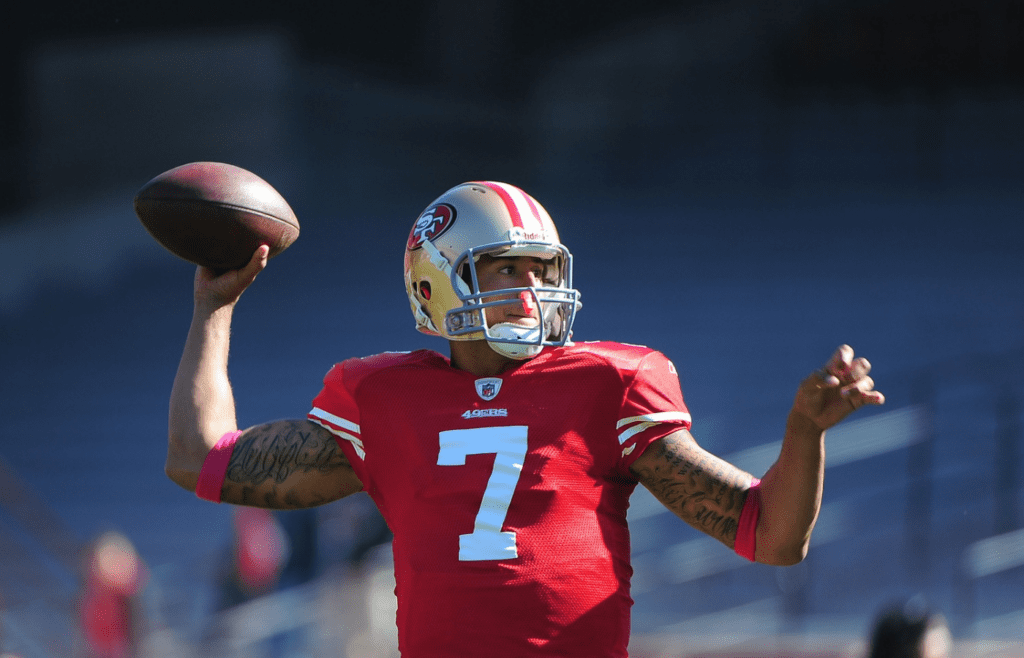 October 30, 2011; San Francisco, CA, USA; San Francisco 49ers quarterback Colin Kaepernick (7) warms up before the game against the Cleveland Browns at Candlestick Park. The 49ers defeated the Browns 20-10. Mandatory Credit: Kyle Terada-Imagn Images