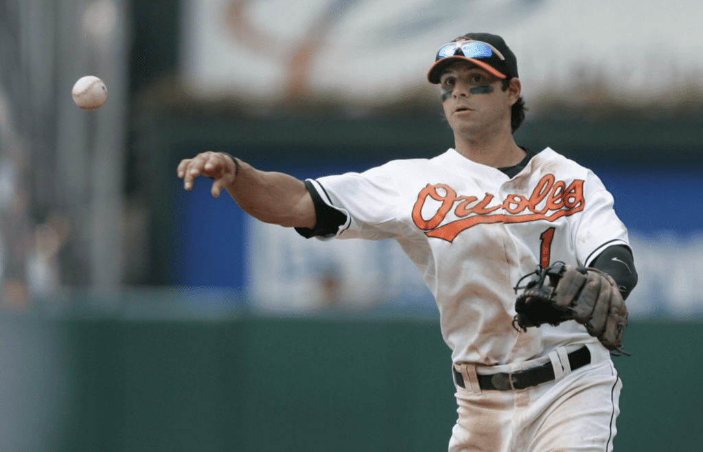July 15, 2007; Baltimore, MD, USA; Baltimore Orioles second baseman Brian Roberts (1) throws to first base for an out in the eighth inning against the Chicago White Sox at Camden Yards in Baltimore, MD. Baltimore defeated Chicago 5-3. Mandatory Credit: James Lang-Imagn Images Copyright © 2007 James Lang