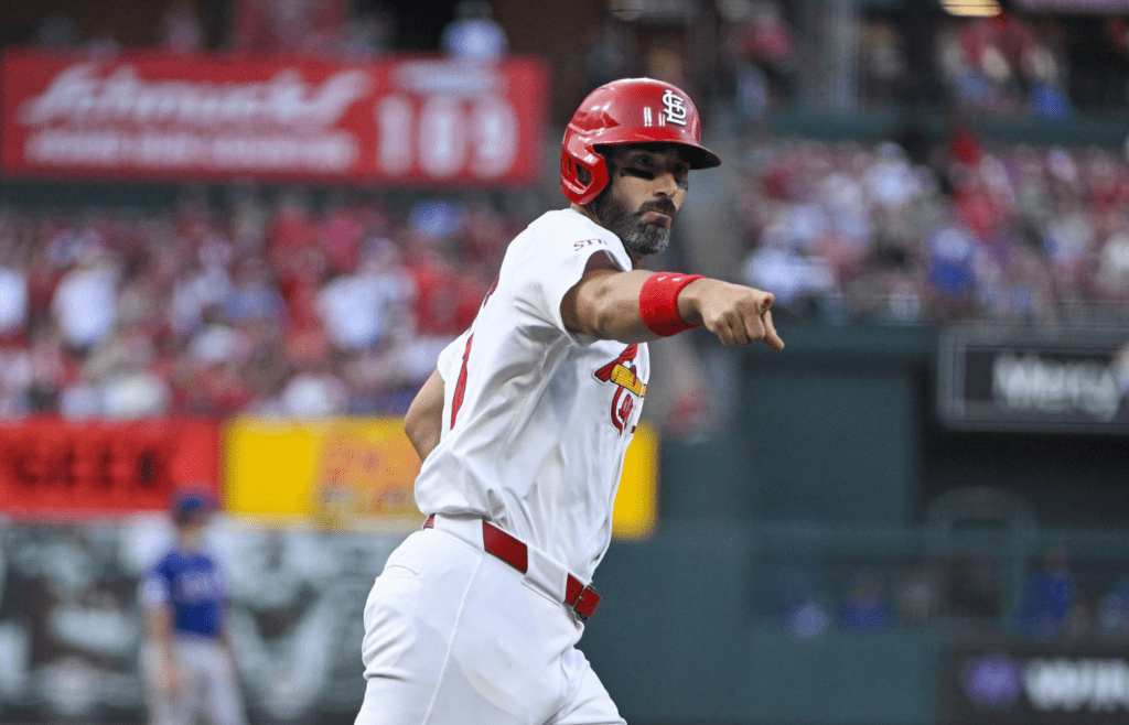 Jul 29, 2024; St. Louis, Missouri, USA; St. Louis Cardinals designated hitter Matt Carpenter (13) reacts after hitting a two run home run against the Texas Rangers during the third inning at Busch Stadium. Mandatory Credit: Jeff Curry-Imagn Images