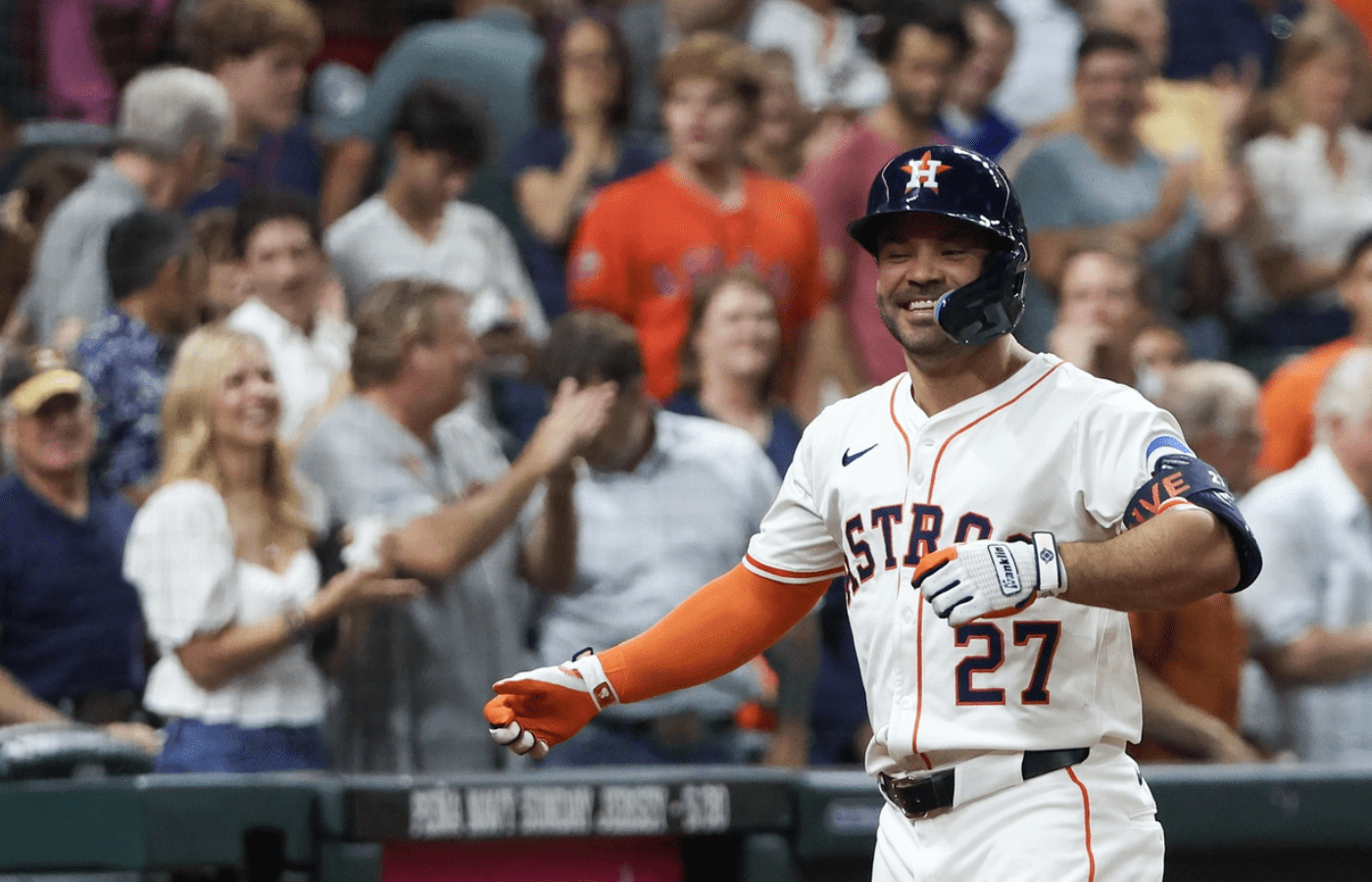May 27, 2025; Houston, Texas, USA; Houston Astros designated hitter Jose Altuve (27) reacts to his home run against there Athletics in the fourth inning at Daikin Park. Mandatory Credit: Thomas Shea-Imagn Images