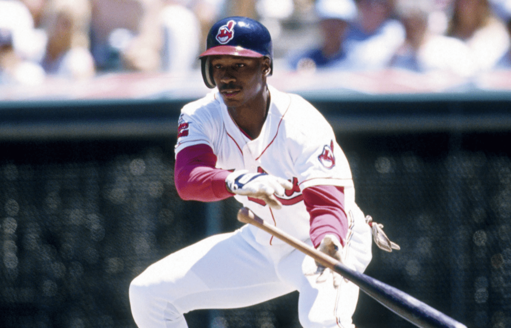 1996, Cleveland, OH, USA; FILE PHOTO; Cleveland Indians center fielder Kenny Lofton in action at the plate at Jacobs Field during the 1996 season. Mandatory Credit: RVR Photos-Imagn Images