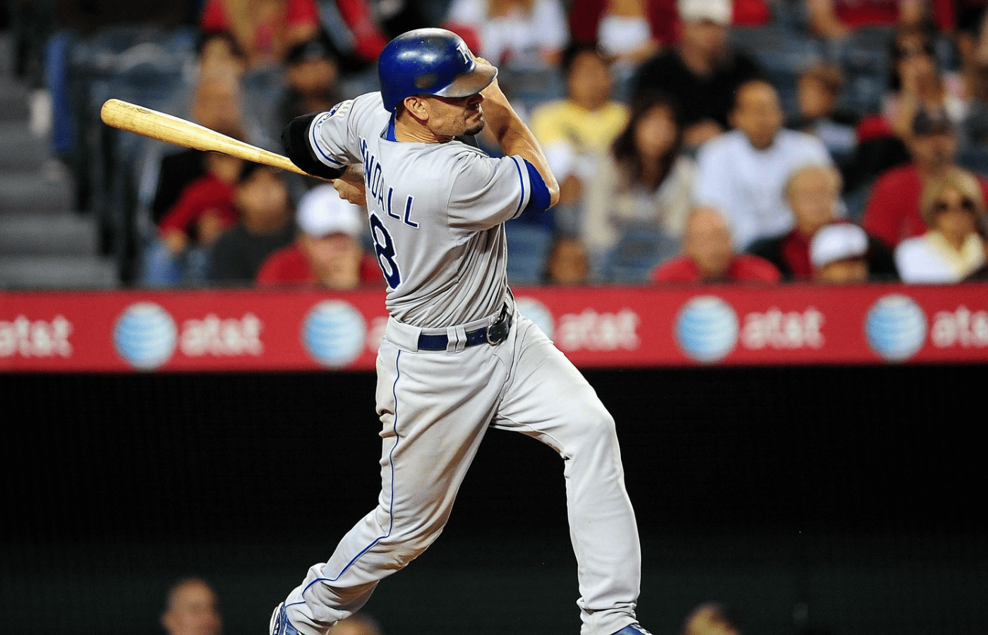 July 3, 2010; Anaheim, CA, USA; Kansas City Royals catcher Jason Kendall (18) hits a single in the ninth inning against the Los Angeles Angels at Angel Stadium of Anaheim. The Royals defeat the Angels 4-2. Mandatory Credit: Gary A. Vasquez-Imagn Images