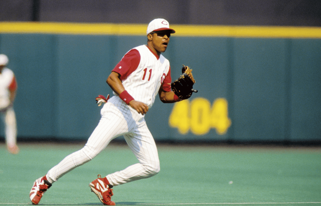 1998, Cincinnati, OH, USA; FILE PHOTO; Cincinnati Reds shortstop Barry Larkin in action at River Front Stadium during the 1998 season. Mandatory Credit: RVR Photos-Imagn Images