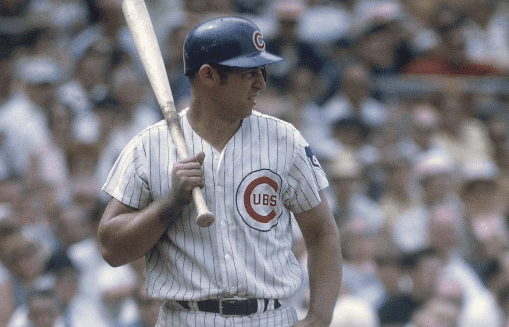 Aug 1969; Unknown location, USA; FILE PHOTO; Chicago Cubs third baseman Ron Santo at bat during the 1969 season. Mandatory Credit: Malcolm Emmons-USA TODAY NETWORK