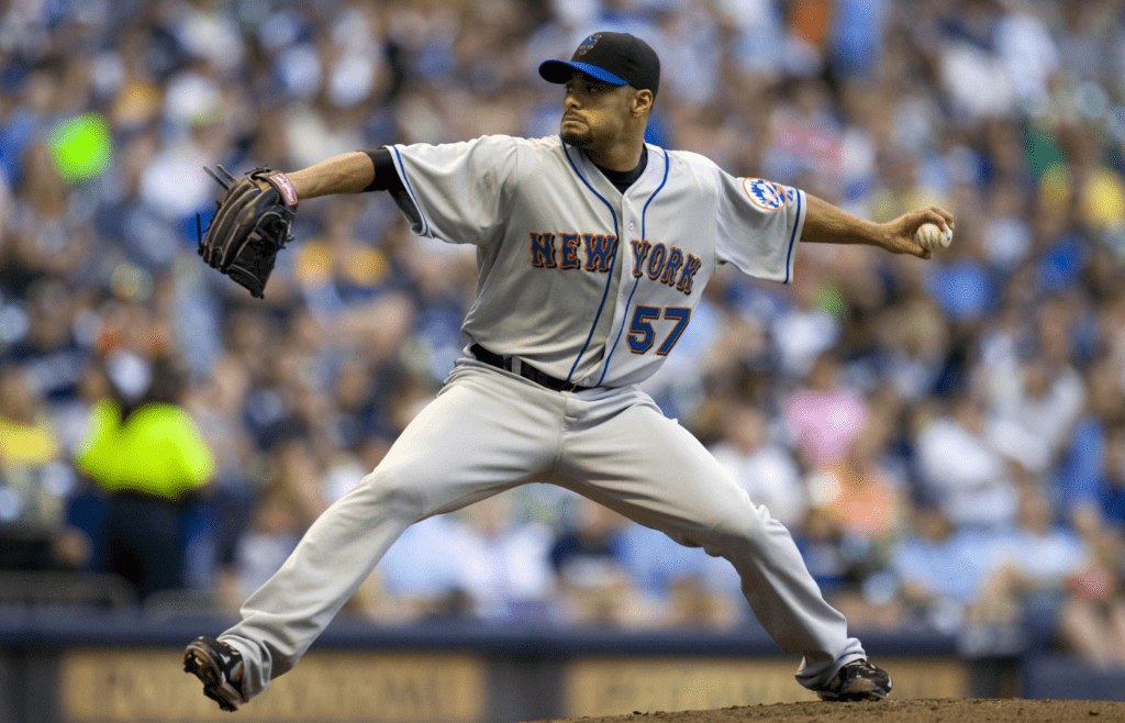May 28, 2010; Milwaukee, WI, USA; New York Mets starting pitcher Johan Santana (57) throws a pitch during the first inning of the game against the Milwaukee Brewers at Miller Park. Mandatory Credit: Jeff Hanisch-Imagn Images