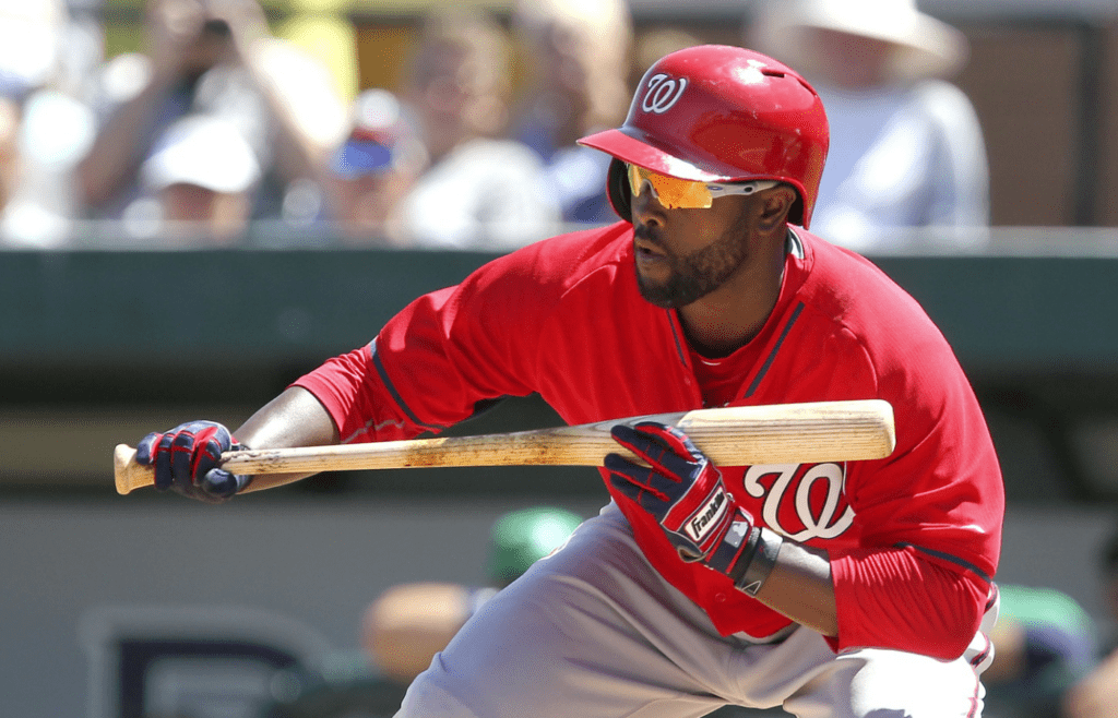 Mar 17, 2015; Lakeland, FL, USA; Washington Nationals center fielder Tony Gwynn gets ready to bunt during the fifth inning of a spring training baseball game against the Detroit Tigers at Joker Marchant Stadium. The Nationals won 6-4. Mandatory Credit: Reinhold Matay-Imagn Images