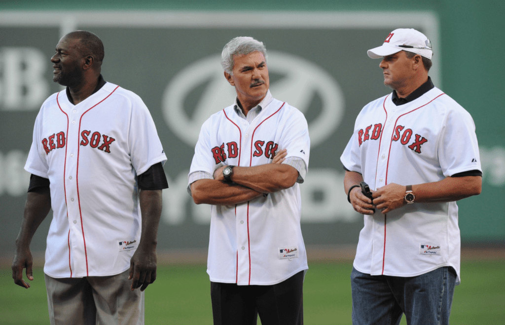 Jul 30, 2013; Boston, MA, USA; Boston Red Sox former players Lee Smith and Dwight Evans and Roger Clemens during pre game ceremonies against the Seattle Mariners at Fenway Park. Mandatory Credit: Bob DeChiara-Imagn Images