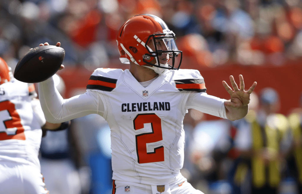 Sep 20, 2015; Cleveland, OH, USA; Cleveland Browns quarterback Johnny Manziel (2) throws a pass in the second quarter against the Tennessee Titans at FirstEnergy Stadium. Mandatory Credit: Scott R. Galvin-Imagn Images