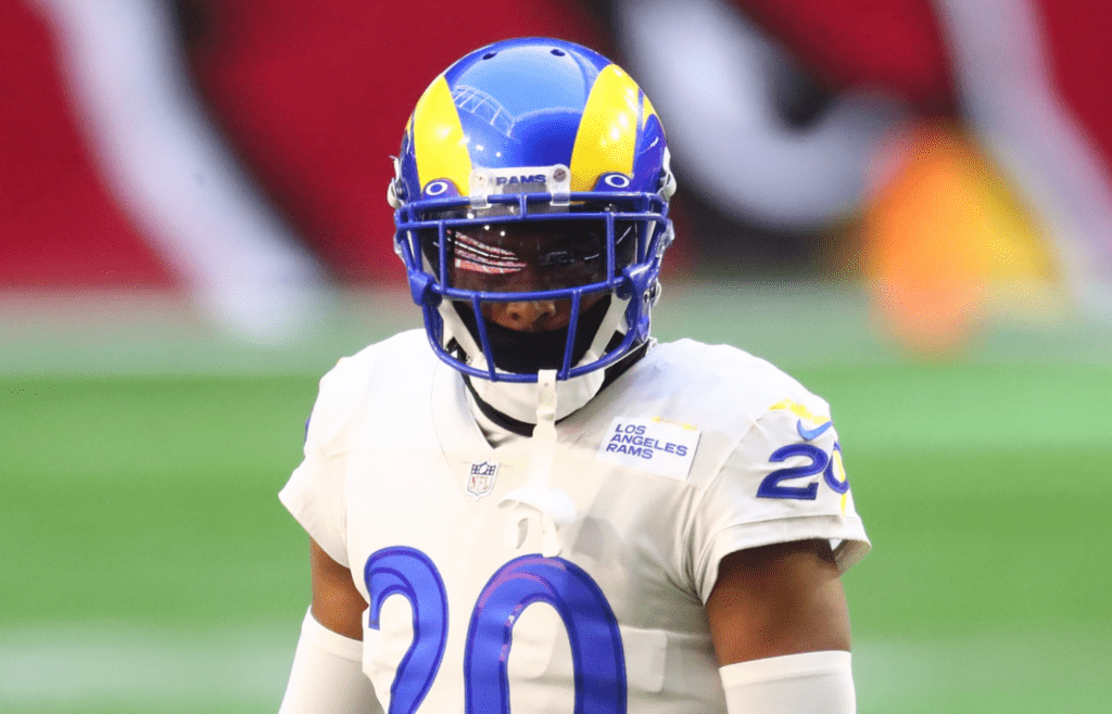 Dec 6, 2020; Glendale, Arizona, USA; Los Angeles Rams cornerback Jalen Ramsey (20) against the Arizona Cardinals at State Farm Stadium. Mandatory Credit: Mark J. Rebilas-Imagn Images
