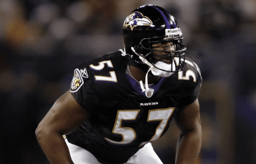 December 7, 2008; Baltimore, MD, USA; Baltimore Ravens linebacker Bart Scott (57) lines up before the snap against the Washington Redskins in the first quarter at M&T Bank Stadium. The Ravens won 24-10. Mandatory Credit: Geoff Burke-Imagn Images