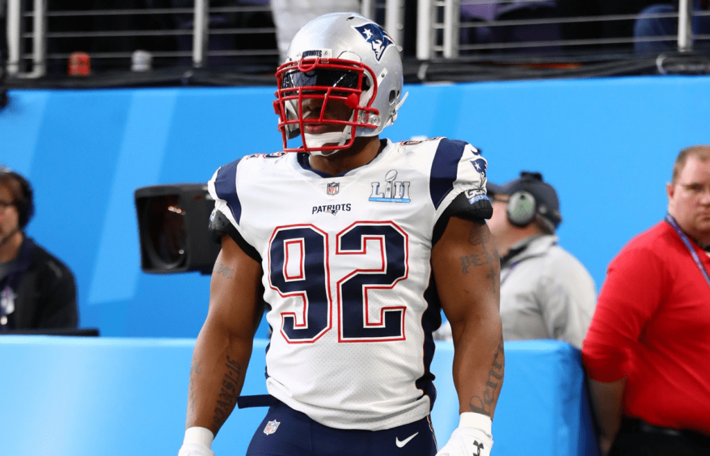 Feb 4, 2018; Minneapolis, MN, USA; New England Patriots linebacker James Harrison (92) against the Philadelphia Eagles in Super Bowl LII at U.S. Bank Stadium. Mandatory Credit: Mark J. Rebilas-Imagn Images