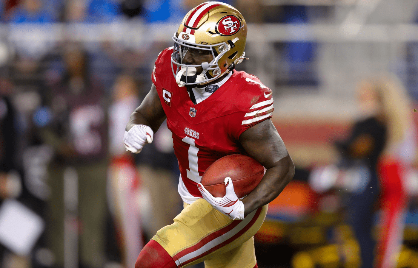 Dec 30, 2024; Santa Clara, California, USA; San Francisco 49ers wide receiver Deebo Samuel Sr. (1) during the game against the Detroit Lions at Levi's Stadium. Mandatory Credit: Sergio Estrada-Imagn Images