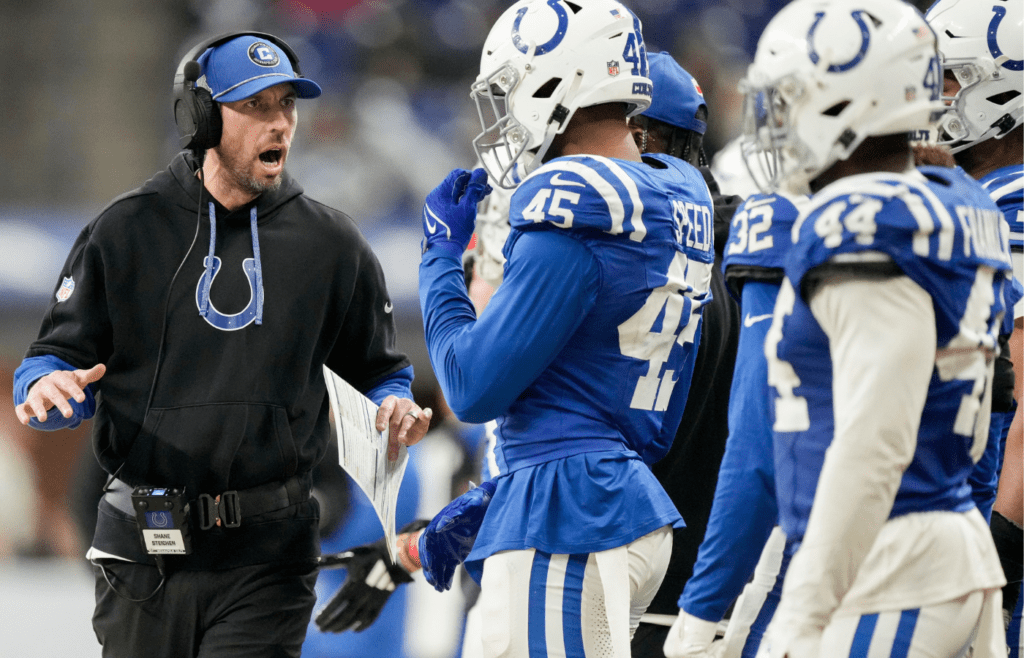 Indianapolis Colts Head Coach Shane Steichen talks to the team Sunday, Jan. 5, 2025, during a game against the Jacksonville Jaguars at Lucas Oil Stadium in Indianapolis.