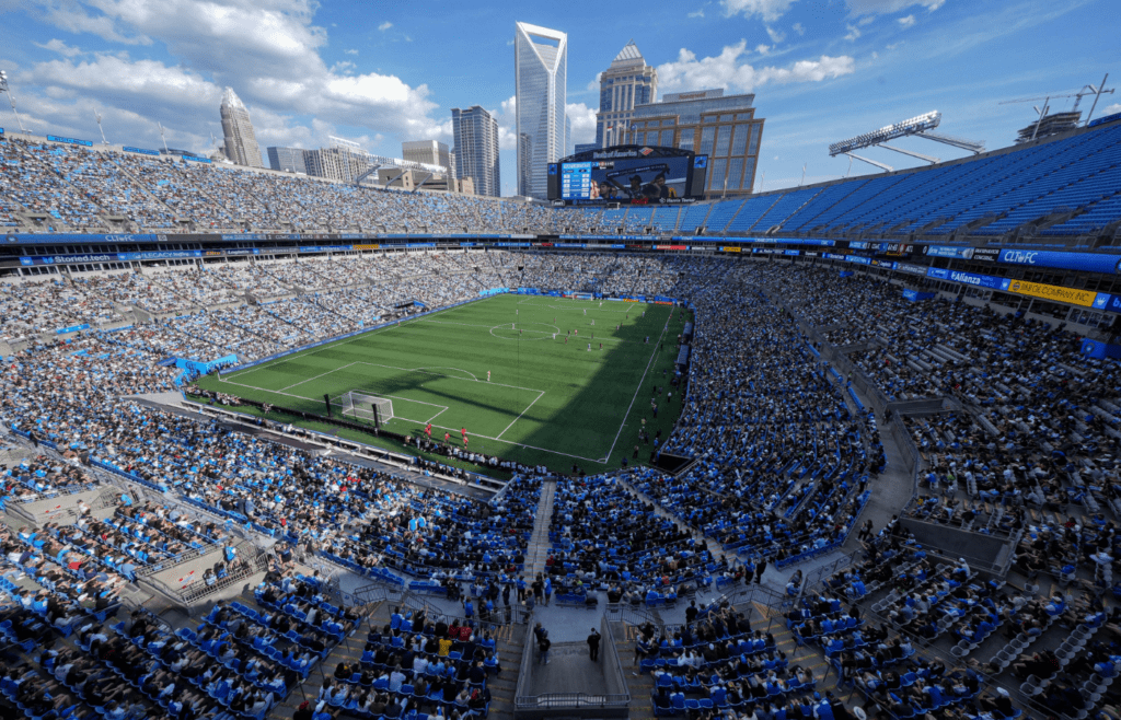 Mar 1, 2025; Charlotte, North Carolina, USA; Upper view of Bank of America Stadium during the match between Charlotte FC and Atlanta United during the second half at Bank of America Stadium. Mandatory Credit: Jim Dedmon-Imagn Images