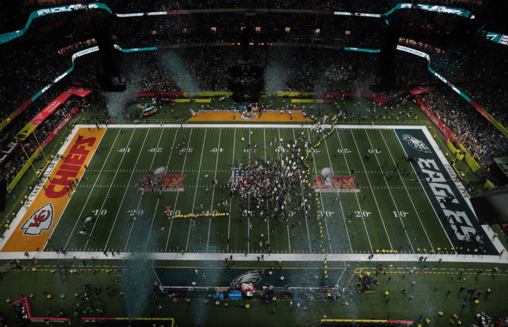 Feb 9, 2025; New Orleans, LA, USA; A general view as the Philadelphia Eagles defeat the Kansas City Chiefs in Super Bowl LIX at Caesars Superdome. Mandatory Credit: James Lang-Imagn Images