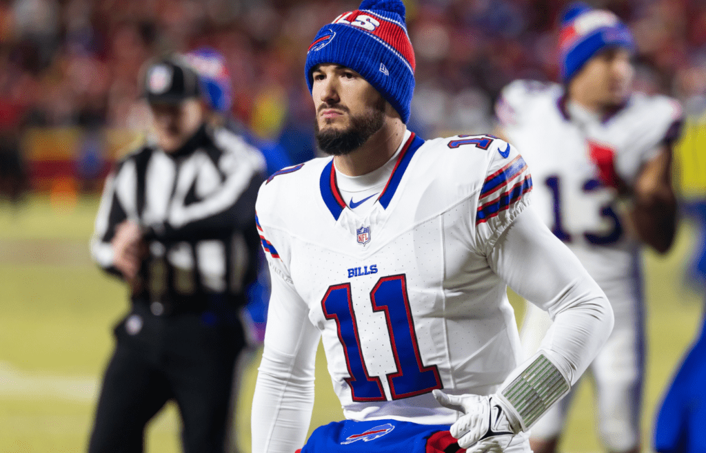 Jan 26, 2025; Kansas City, MO, USA; Buffalo Bills quarterback Mitchell Trubisky (11) against the Kansas City Chiefs during the AFC Championship game at GEHA Field at Arrowhead Stadium. Mandatory Credit: Mark J. Rebilas-Imagn Images