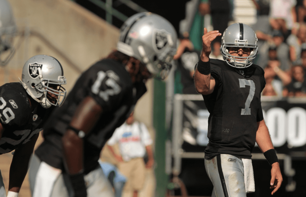 October 23, 2011; Oakland, CA, USA; Oakland Raiders quarterback Kyle Boller (7) calls a play against the Kansas City Chiefs in the second quarter at O.co Coliseum. Mandatory Credit: Cary Edmondson-Imagn Images